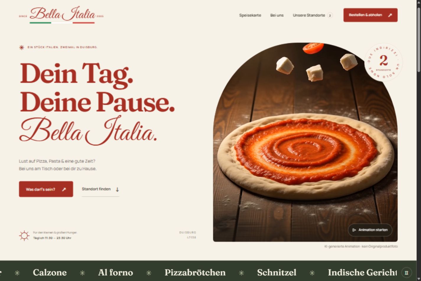 Bella-Italia-Demowebsite mit roter Schreibschrift, Speisekarte und Pizza-Animation
